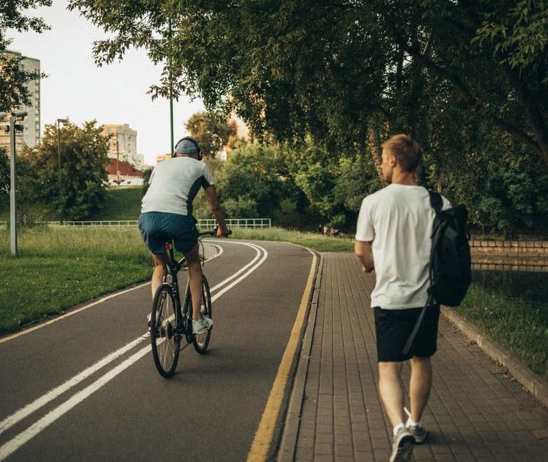 A cyclist and a walker enjoy a peaceful park trail surrounded by greenery.